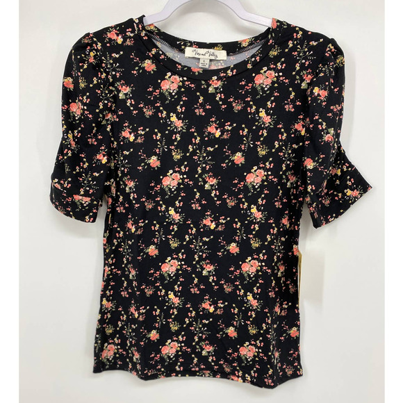 Vine & Valley Juniors Black Pink Floral Short Sleeve Blouse Top NEW Large - Picture 1 of 10